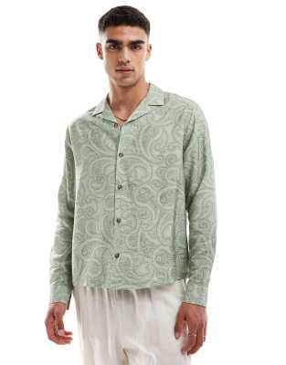 Asos Design Boxy Relaxed Revere Shirt With Paisley Print In Sage-green