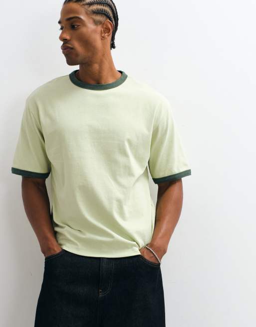 ASOS DESIGN boxy relaxed ringer t-shirt in washed green, 4 of 5