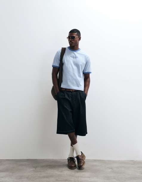 ASOS DESIGN boxy relaxed ringer T-shirt met grafische print op de voorkant in blauw - view 1
