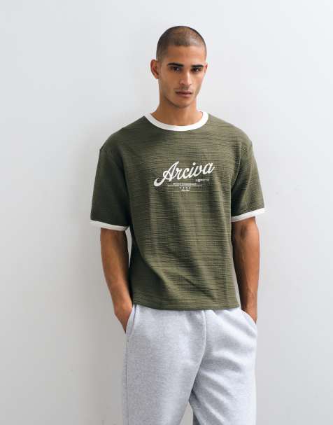 ASOS DESIGN boxy relaxed ringer T-shirt with Archiva print in khaki texture - view 1