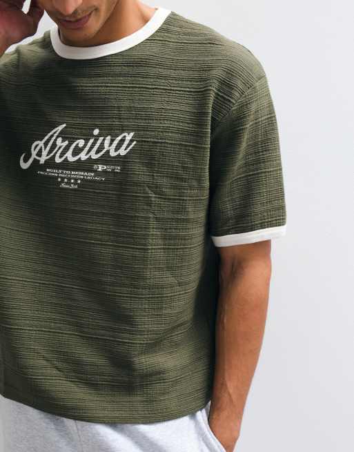 ASOS DESIGN boxy relaxed ringer T-shirt with Archiva print in khaki texture, 2 of 5