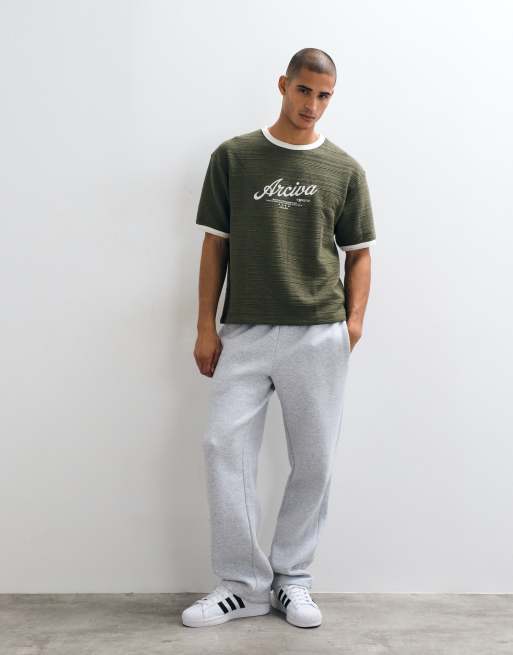 ASOS DESIGN boxy relaxed ringer T-shirt with Archiva print in khaki texture, 3 of 5