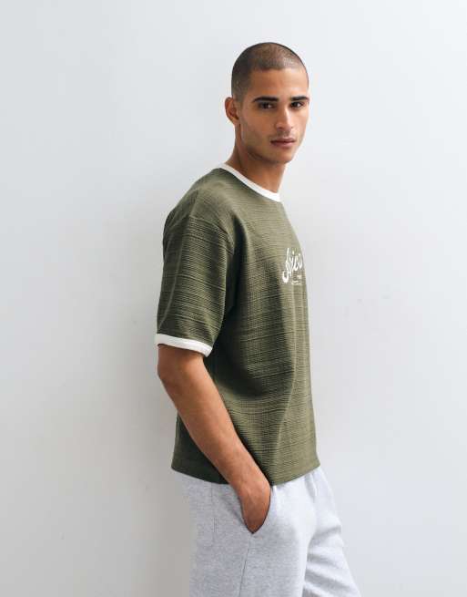 ASOS DESIGN boxy relaxed ringer T-shirt with Archiva print in khaki texture, 4 of 5