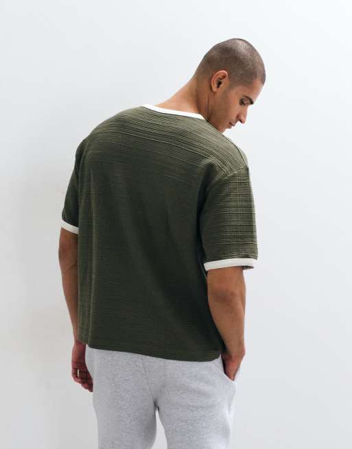 ASOS DESIGN boxy relaxed ringer T-shirt with Archiva print in khaki texture, 5 of 5