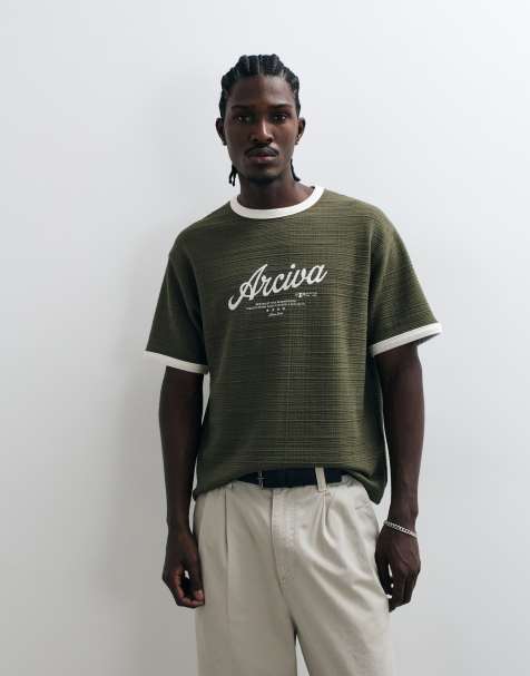 ASOS DESIGN boxy relaxed ringer t-shirt with Arciva print in khaki texture - view 1
