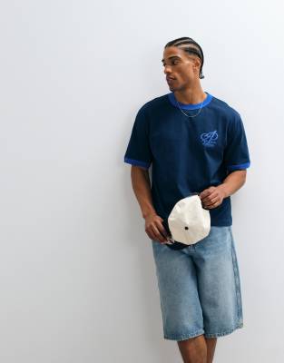 Asos Design Boxy Relaxed Ringer T-shirt With Chest Graphic In Blue