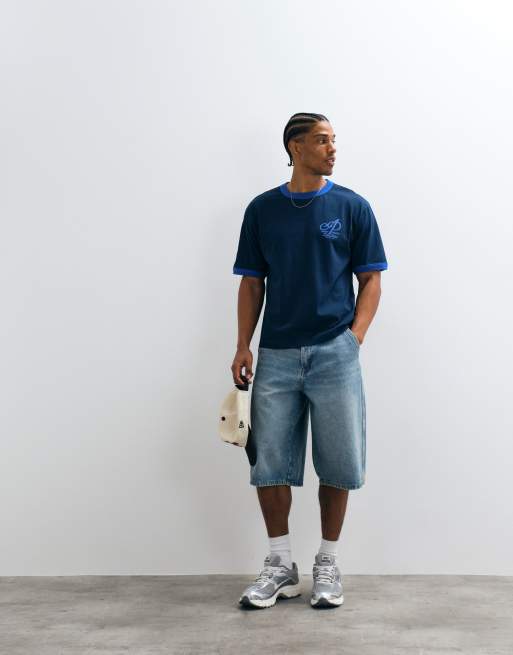 ASOS DESIGN boxy relaxed ringer t-shirt with chest graphic in navy, 2 of 5