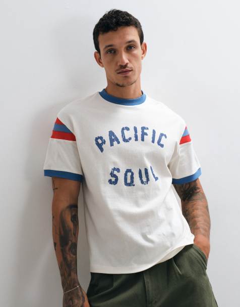 ASOS DESIGN boxy relaxed ringer t-shirt with distressed pacific soul graphic in cream - view 1