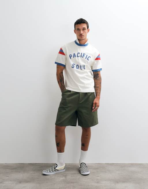 ASOS DESIGN boxy relaxed ringer t-shirt with distressed pacific soul graphic in cream, 2 of 5