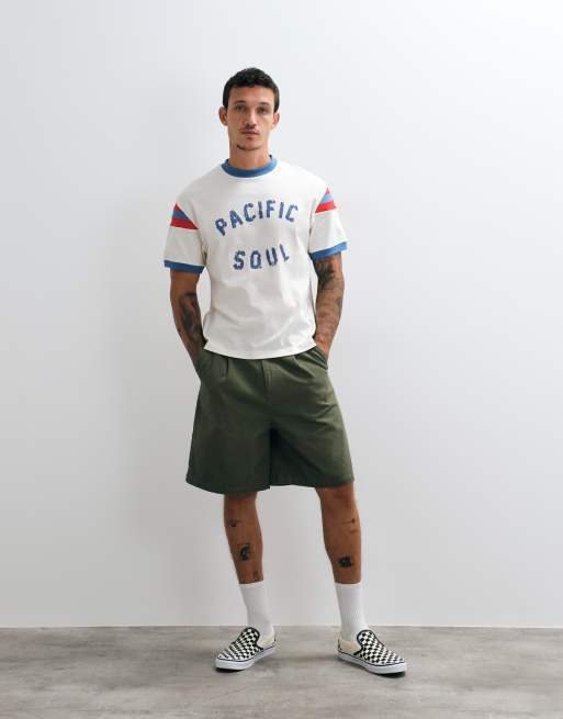 ASOS DESIGN boxy relaxed ringer t-shirt with distressed pacific soul graphic in cream, 5 of 5