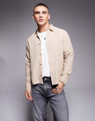 Asos Design Boxy Relaxed Shirt In Beige Check-neutral