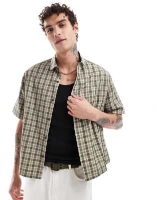 Asos Design Boxy Relaxed Shirt In Stone And Olive Dad Check-green