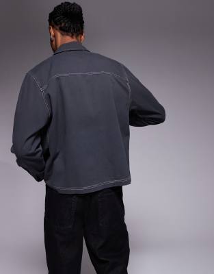 Asos Design Boxy Relaxed Shirt With Chest Embroidery In Gray