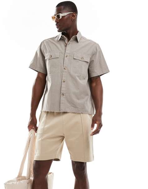 ASOS DESIGN boxy relaxed shirt with distressed hem in grey - view 1