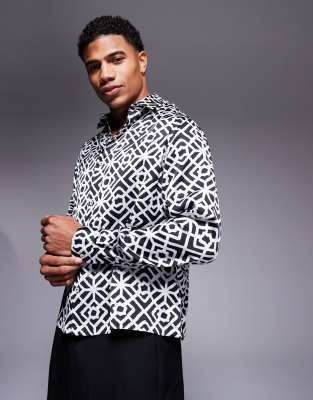 ASOS DESIGN boxy relaxed shirt with geo print in black and white