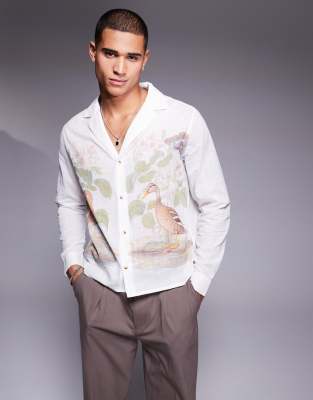 Asos Design Boxy Relaxed Shirt With Placement Print In White