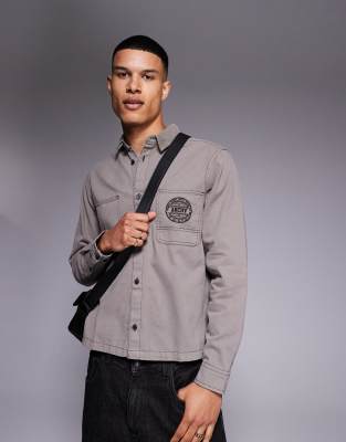 Asos Design Boxy Relaxed Shirt With Pocket Embroidery In Gray