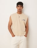 [ASOS DESIGN] ASOS DESIGN boxy relaxed singlet with chest print in khaki-Neutral XL Pale khaki