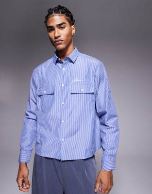 Asos Design Boxy Relaxed Striped Shirt With Chest Embroidery In Blue