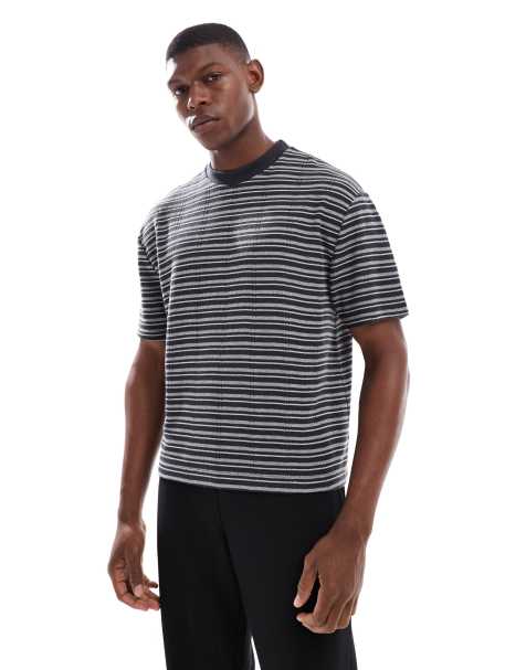 ASOS DESIGN boxy relaxed striped t-shirt in black and grey - view 1
