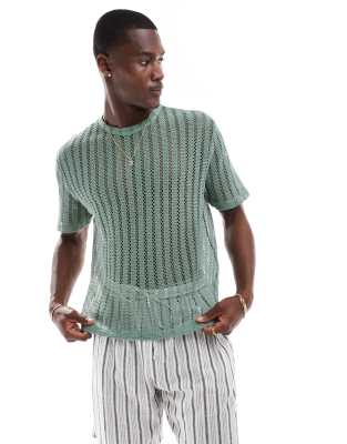 ASOS DESIGN boxy relaxed t-shirt in green crochet