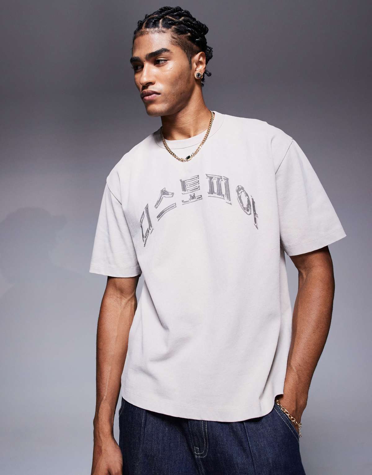 ASOS DESIGN boxy relaxed t-shirt in heavyweight 220gsm washed beige with text graphic