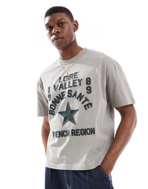 ASOS DESIGN boxy relaxed T-shirt in heavyweight 220gsm washed gray with text embroidery