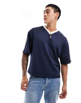 ASOS DESIGN boxy relaxed t-shirt in navy scuba with v neck