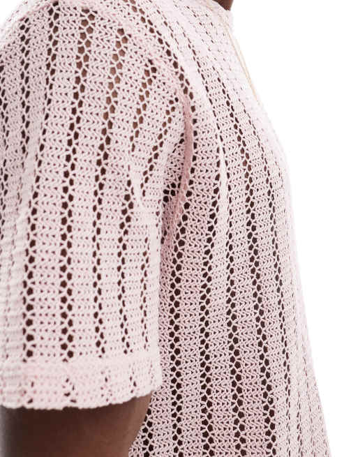 ASOS DESIGN boxy relaxed t-shirt in pink crochet, 4 of 4