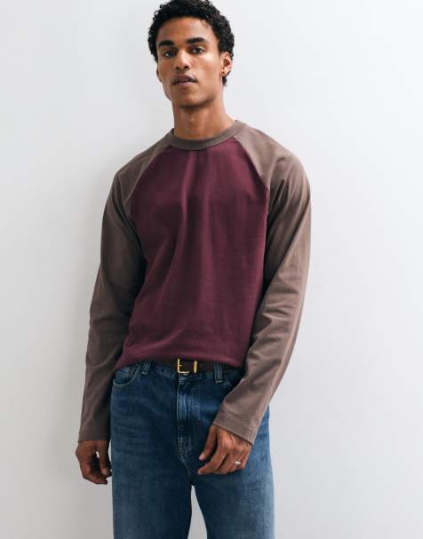 ASOS DESIGN boxy relaxed T-shirt met lange raglanmouwen in bordeauxrood met wassing - view 1