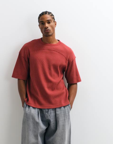 ASOS DESIGN boxy relaxed T-shirt met onafgewerkte naden in gewassen rood wafelstructuur - view 1