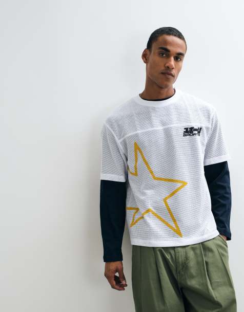 ASOS DESIGN boxy relaxed T-shirt met sterprint in wit sportmesh - view 1