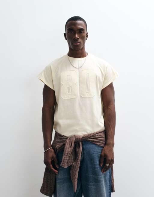 ASOS DESIGN boxy relaxed t-shirt with 80 applique in beige, 4 of 5