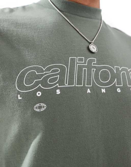 ASOS DESIGN boxy relaxed t-shirt with California chest print in khaki, 3 of 4