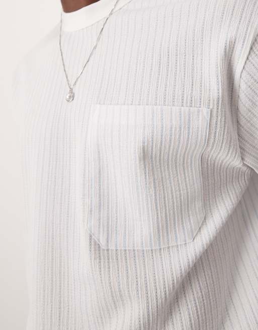 ASOS DESIGN boxy relaxed t-shirt with chest pocket in blue and white textured stripe, 3 of 4