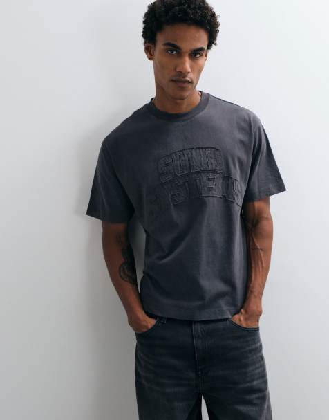 ASOS DESIGN boxy relaxed t-shirt with distressed applique in grey wash - view 1