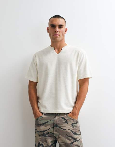 ASOS DESIGN boxy relaxed t-shirt with notch neck in cream towelling - view 1