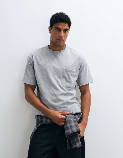 ASOS DESIGN boxy relaxed t-shirt with pocket and raw hems in gray heather - view 1
