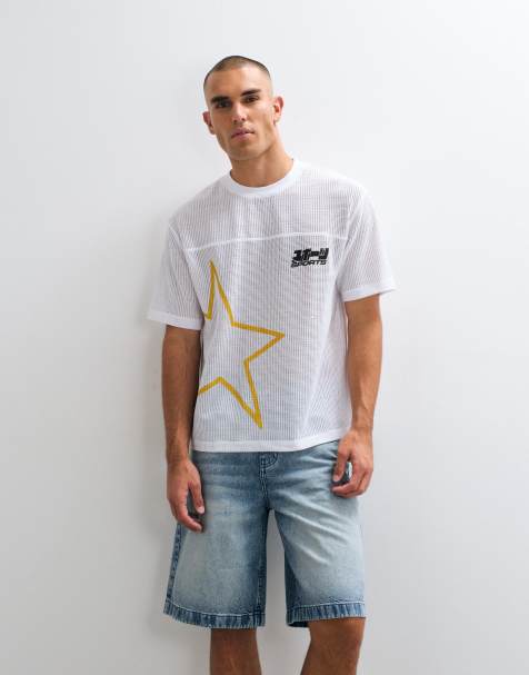 ASOS DESIGN boxy relaxed t-shirt with star print in white athletic mesh - view 1