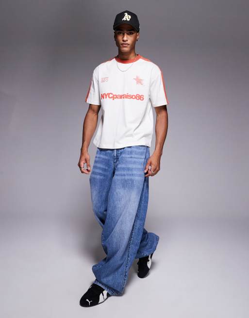 ASOS DESIGN boxy relaxed t-shirt with taping and sports graphic in cream and orange