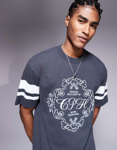 ASOS DESIGN boxy relaxed t-shirt with text graphic and sleeve detail in heavyweight 240gsm washed charcoal - view 1