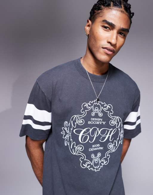 ASOS DESIGN boxy relaxed T-shirt with text graphic and sleeve detail in heavyweight 240gsm washed charcoal