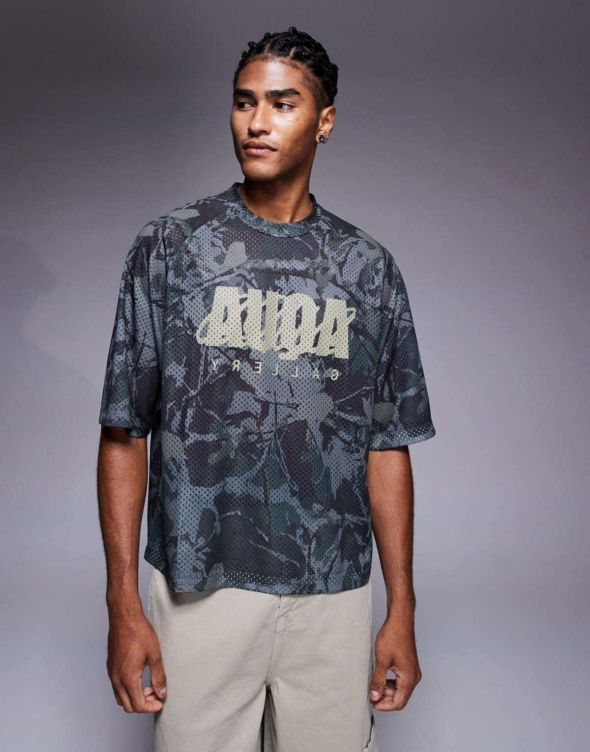 ASOS DESIGN boxy relaxed  t-shirt with text graphic in camo print