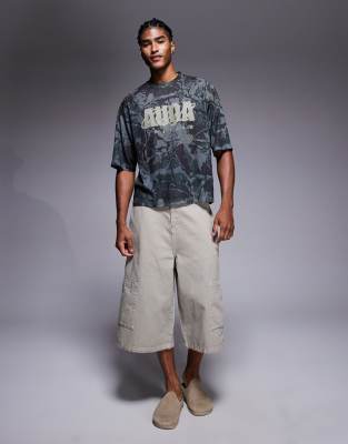 Asos Design Boxy Relaxed T-shirt With Text Graphic In Gray
