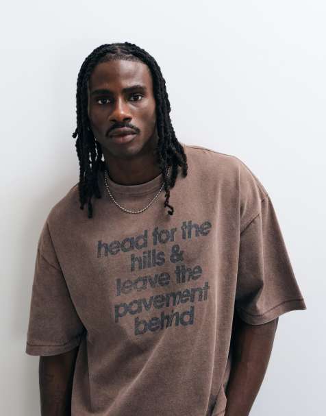 ASOS DESIGN boxy relaxed t-shirt with text print in washed brown - view 1