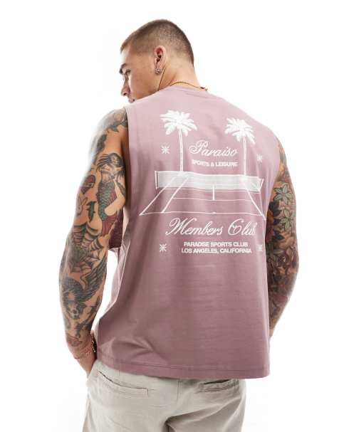 ASOS DESIGN boxy relaxed tank vest with tennis back print in pink - view 1