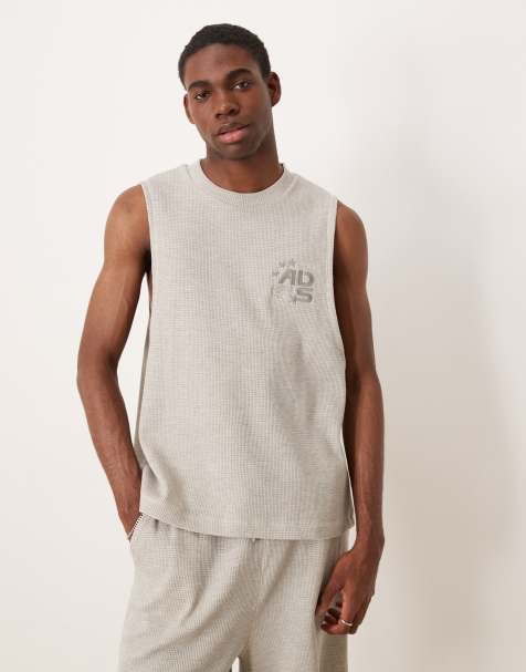 ASOS DESIGN boxy relaxed tank with chest embroidery in heavyweight 280gsm beige waffle - part of a set - view 1