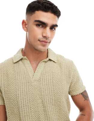 Asos Design Boxy Relaxed Textured Polo With Revere Neck In Khaki-green
