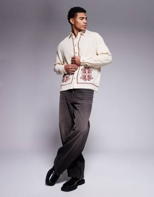 Asos Design Boxy Relaxed Textured Shirt With Border Print-neutral In Neutral