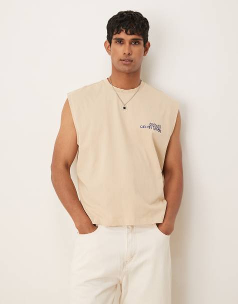 ASOS DESIGN boxy relaxed vest with chest print  in khaki - view 1